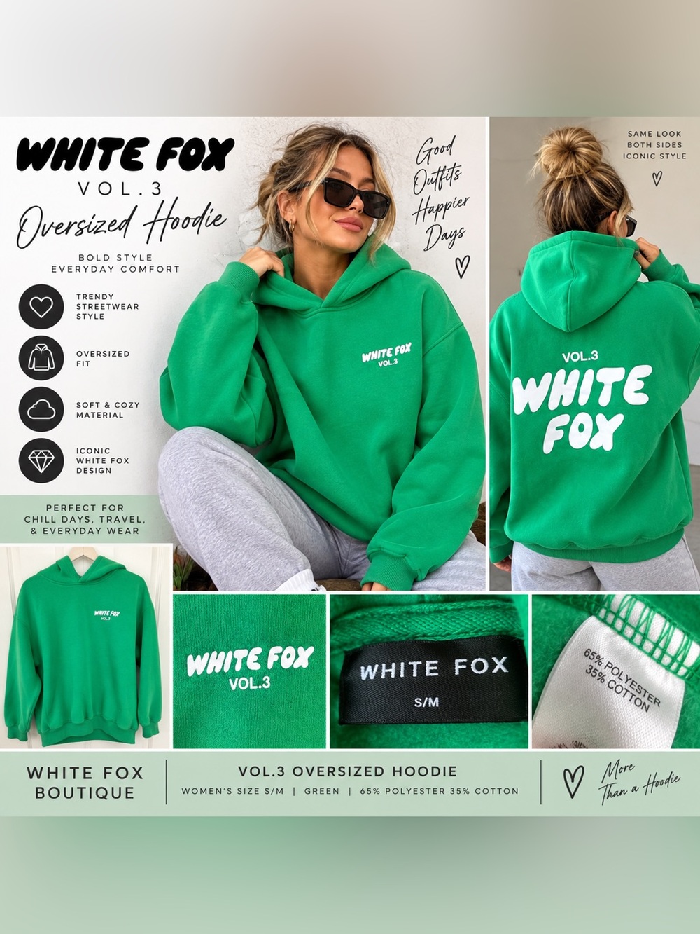 White Fox Boutique Vol. 3 Oversized Hoodie Green White Logo M/L